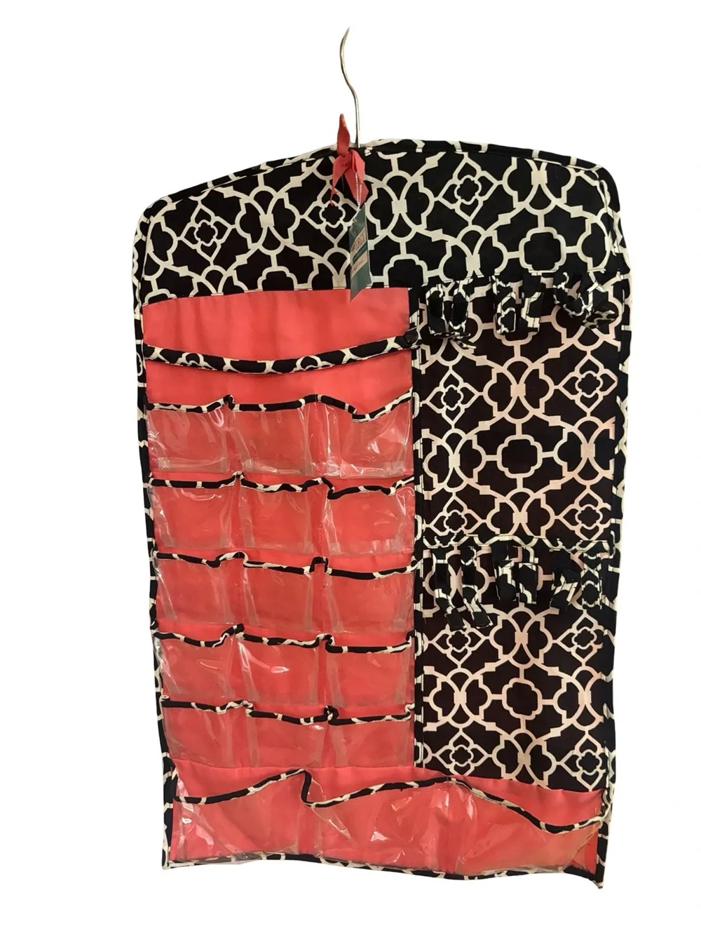 Waverly Black & Coral Hanging Jewelry Storage Organizer with Clear Pockets